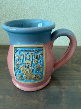 2022 Deneen Pottery Bones Coffee Company What The Fluff Mug Pink and Blue Stonew